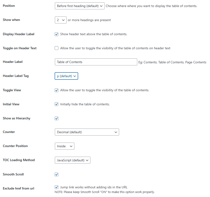 Easy Table of Content setting